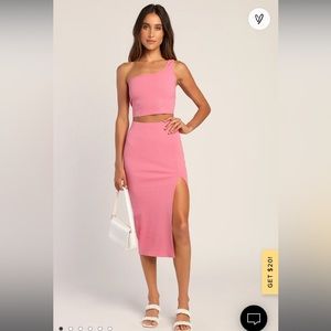Lulu’s Pink Ribbed, One Shoulder, Two Piece Midi-Dress: Size Medium